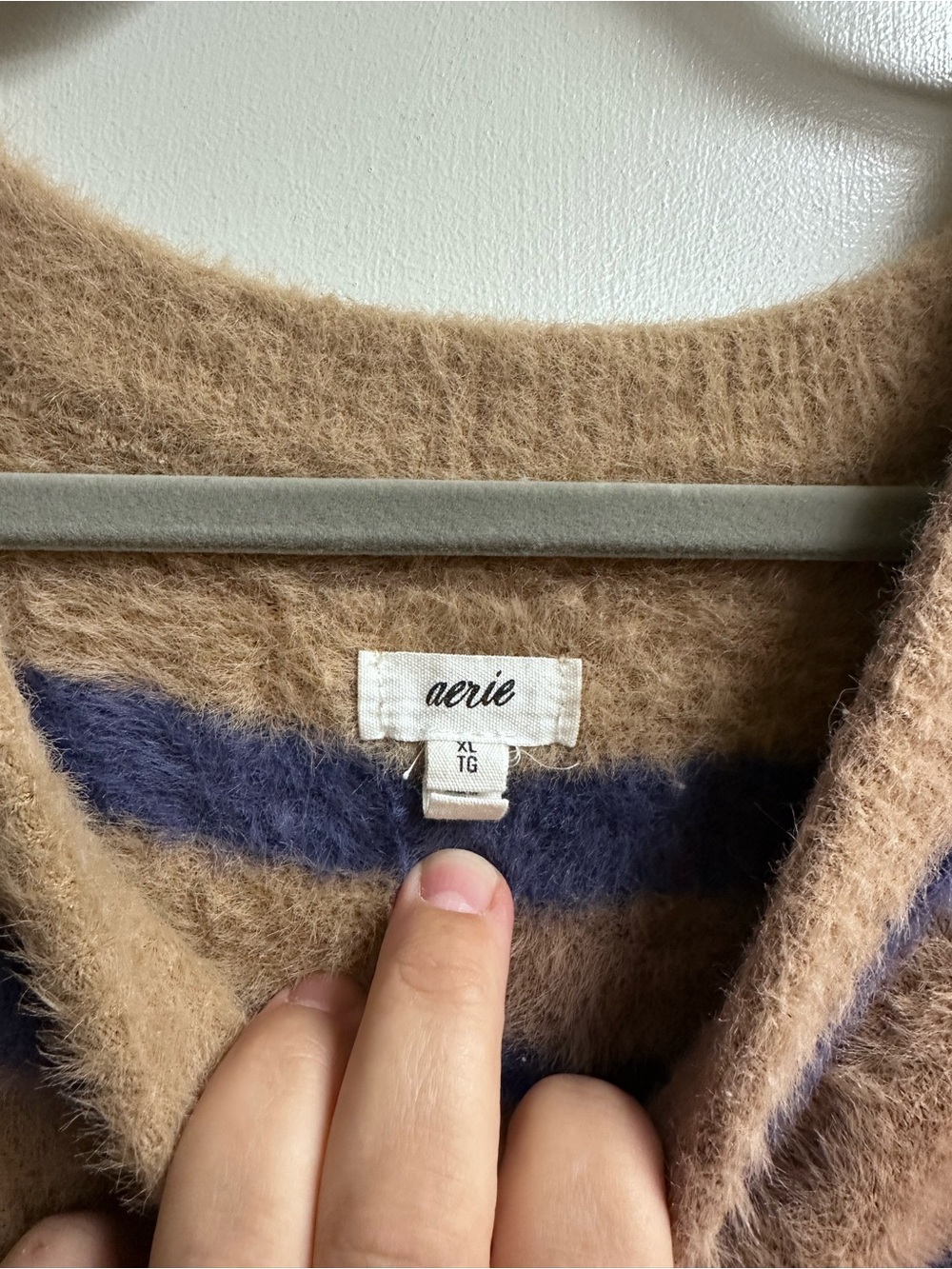 aerie Fuzzy Stripe Sweater in Camel & Navy - Picture 2 of 3
